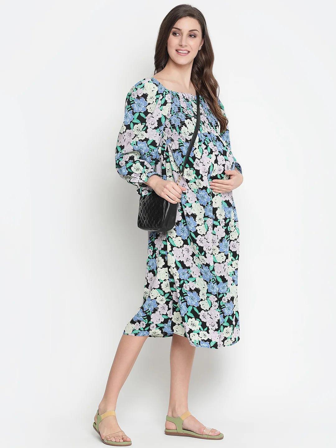 Camp Of Colors Floral Print Easy Maternity Smocking Dress - oxolloxo