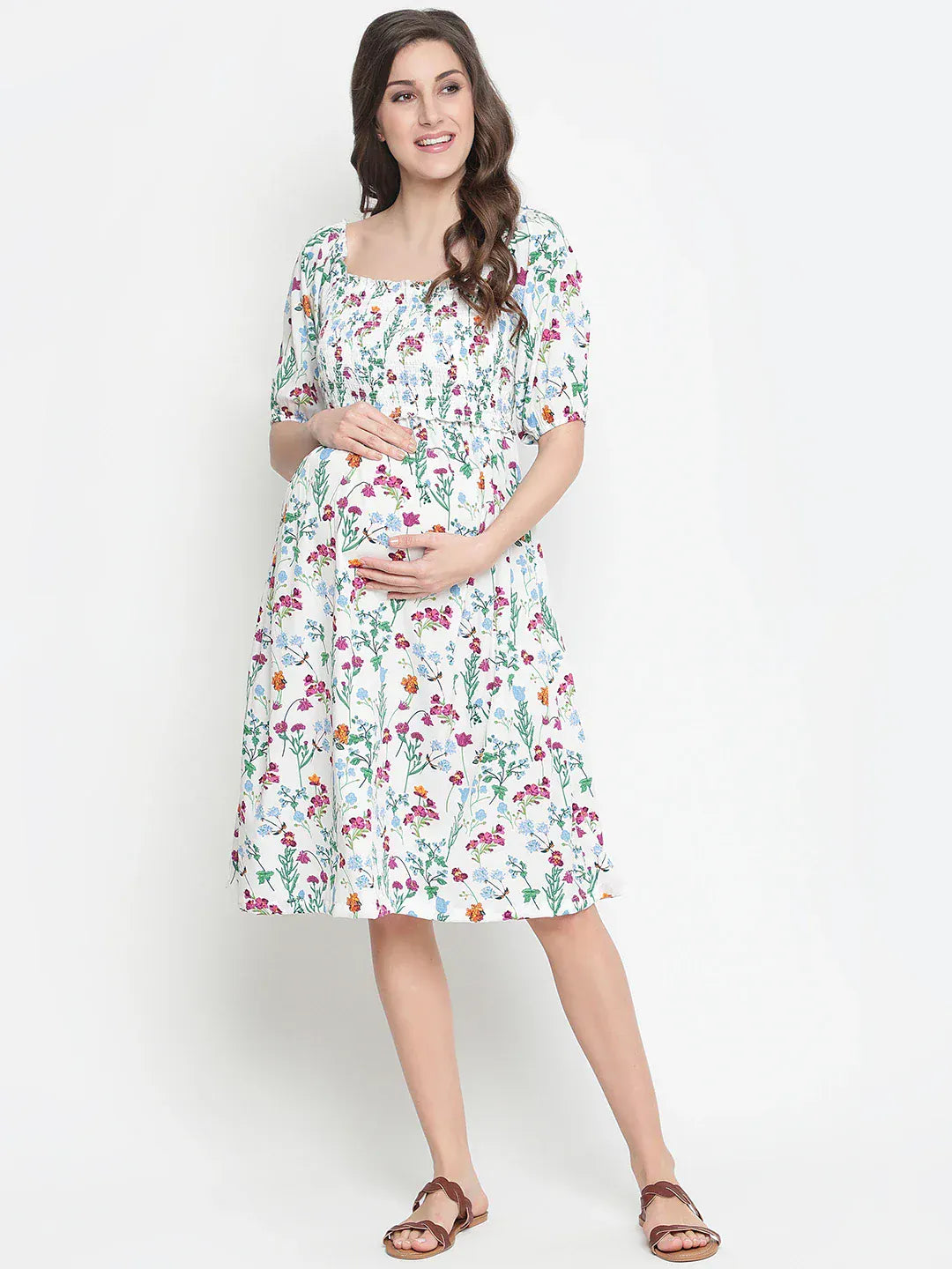 White Floral Print Maternity Dress