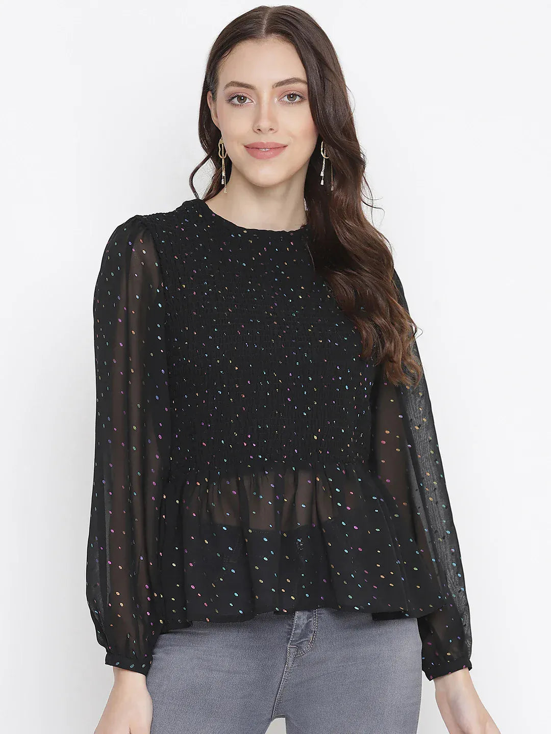 dingy-black-muticolor-foil-print-smocking-party-women-top