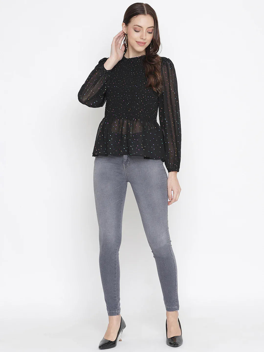 dingy-black-muticolor-foil-print-smocking-party-women-top