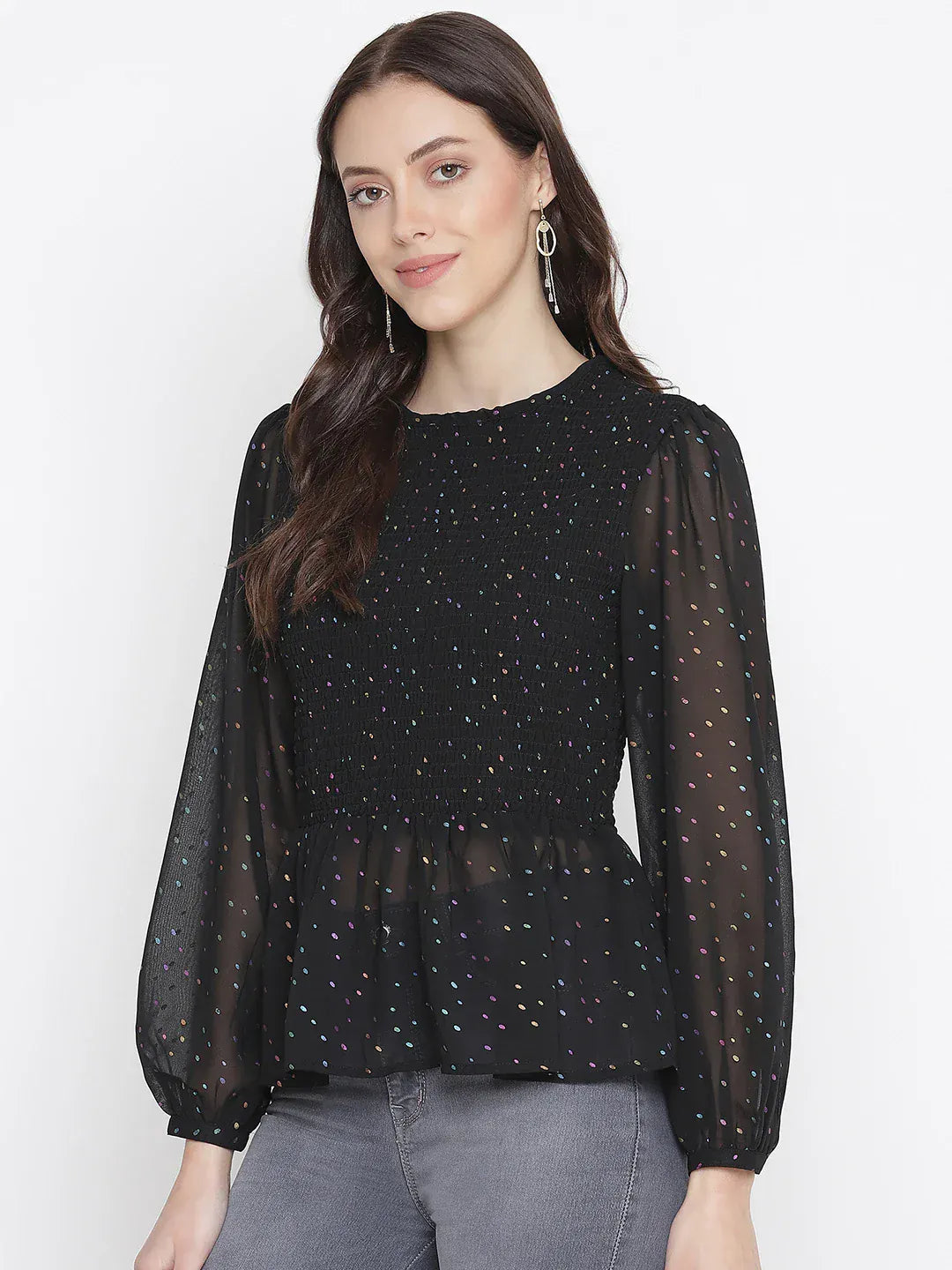 dingy-black-muticolor-foil-print-smocking-party-women-top