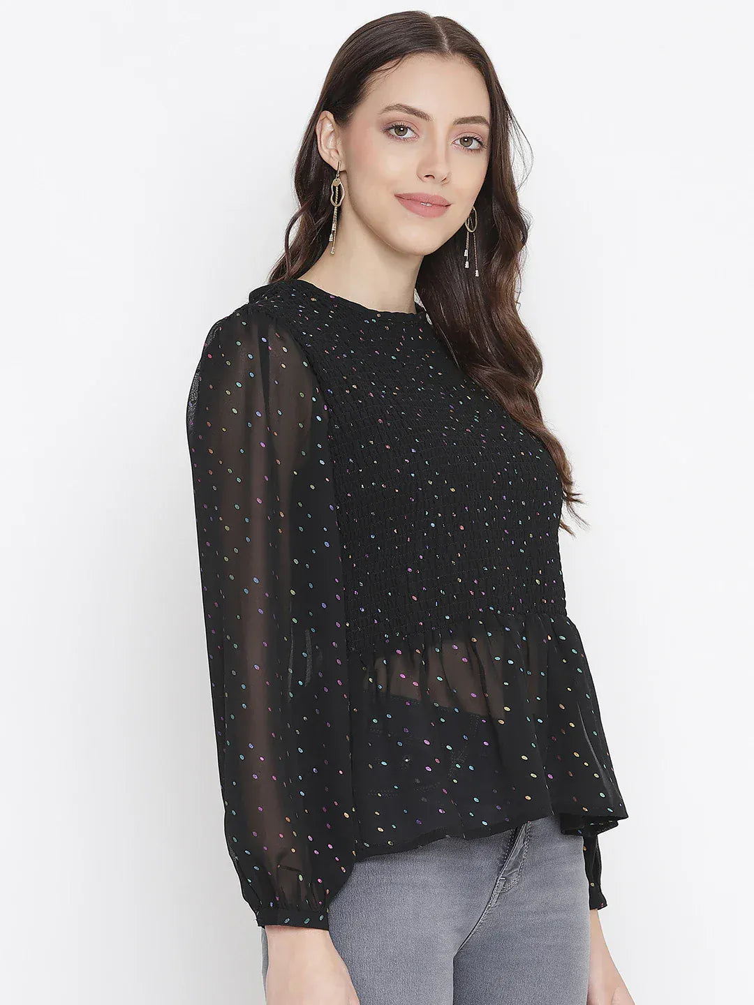 dingy-black-muticolor-foil-print-smocking-party-women-top