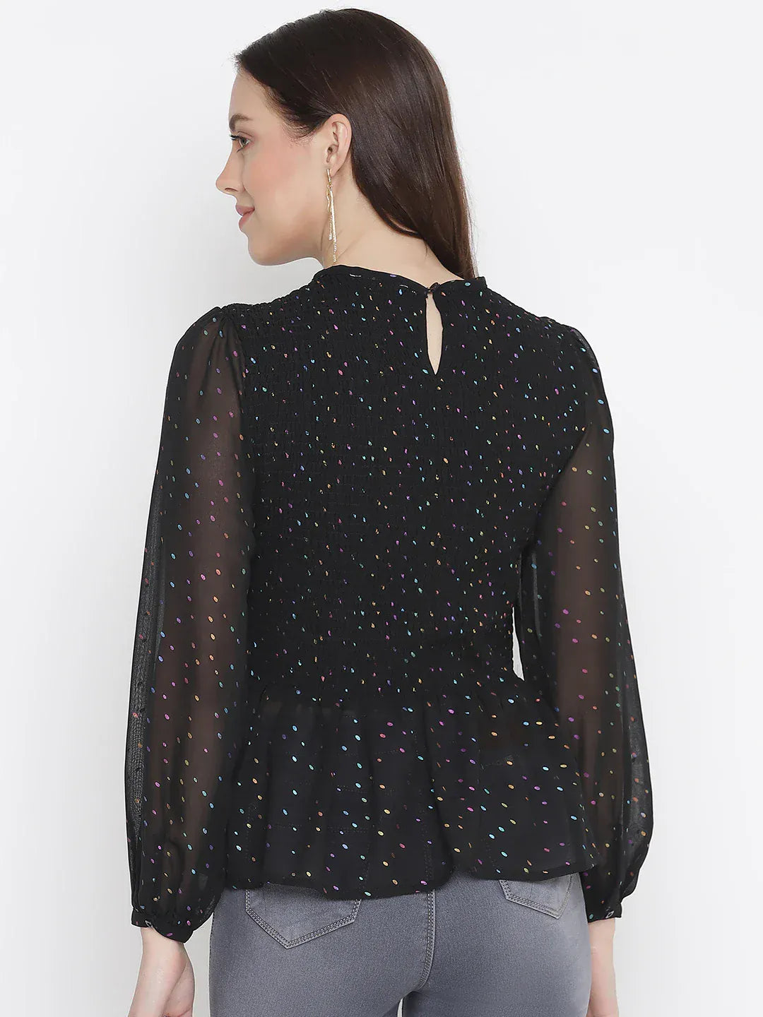 dingy-black-muticolor-foil-print-smocking-party-women-top