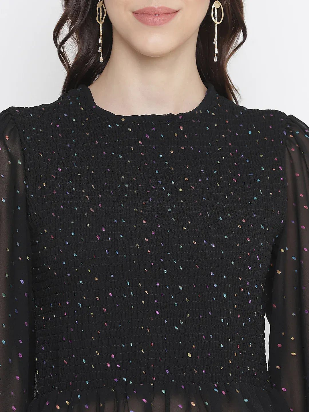 dingy-black-muticolor-foil-print-smocking-party-women-top