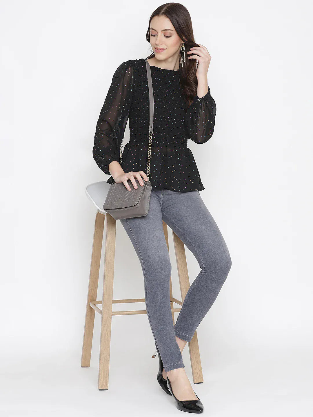 dingy-black-muticolor-foil-print-smocking-party-women-top
