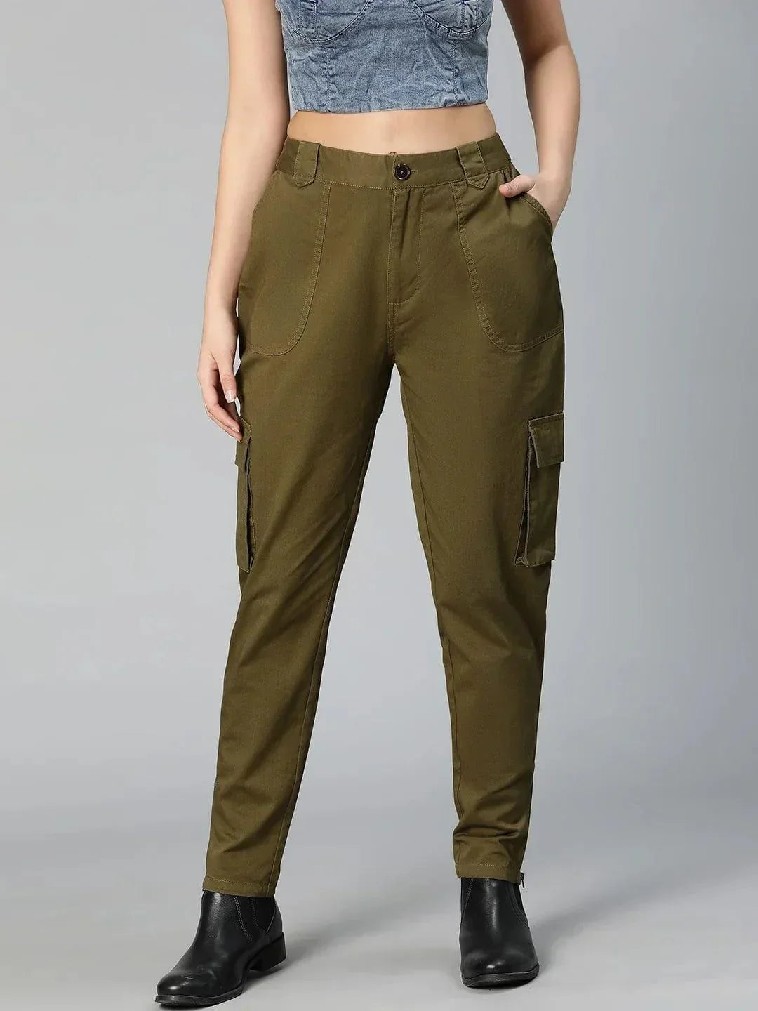 Solid Khaki Elasticated Women Cotton Pants For Everyday Style - oxolloxo