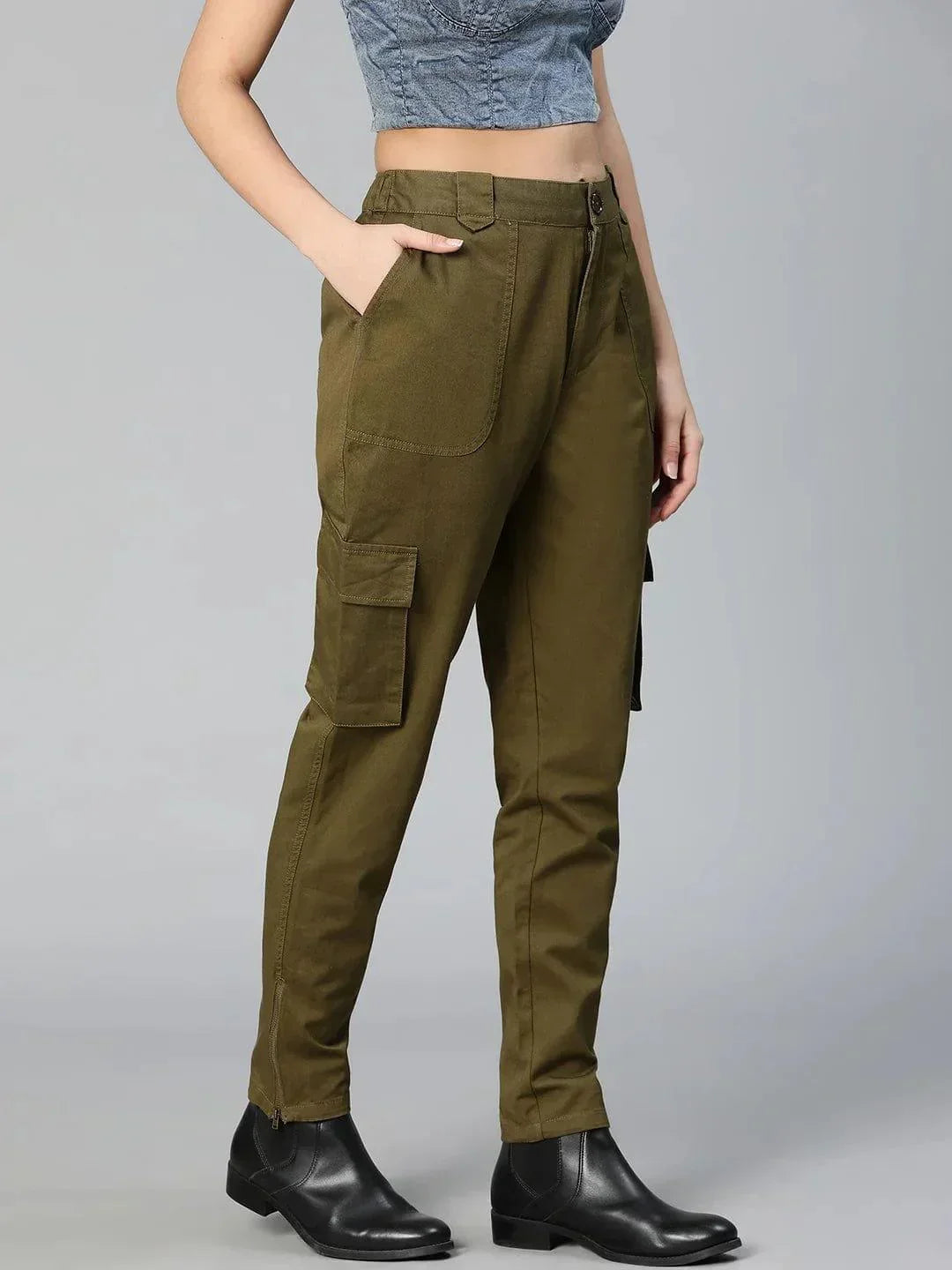 Solid Khaki Elasticated Women Cotton Pants For Everyday Style - oxolloxo