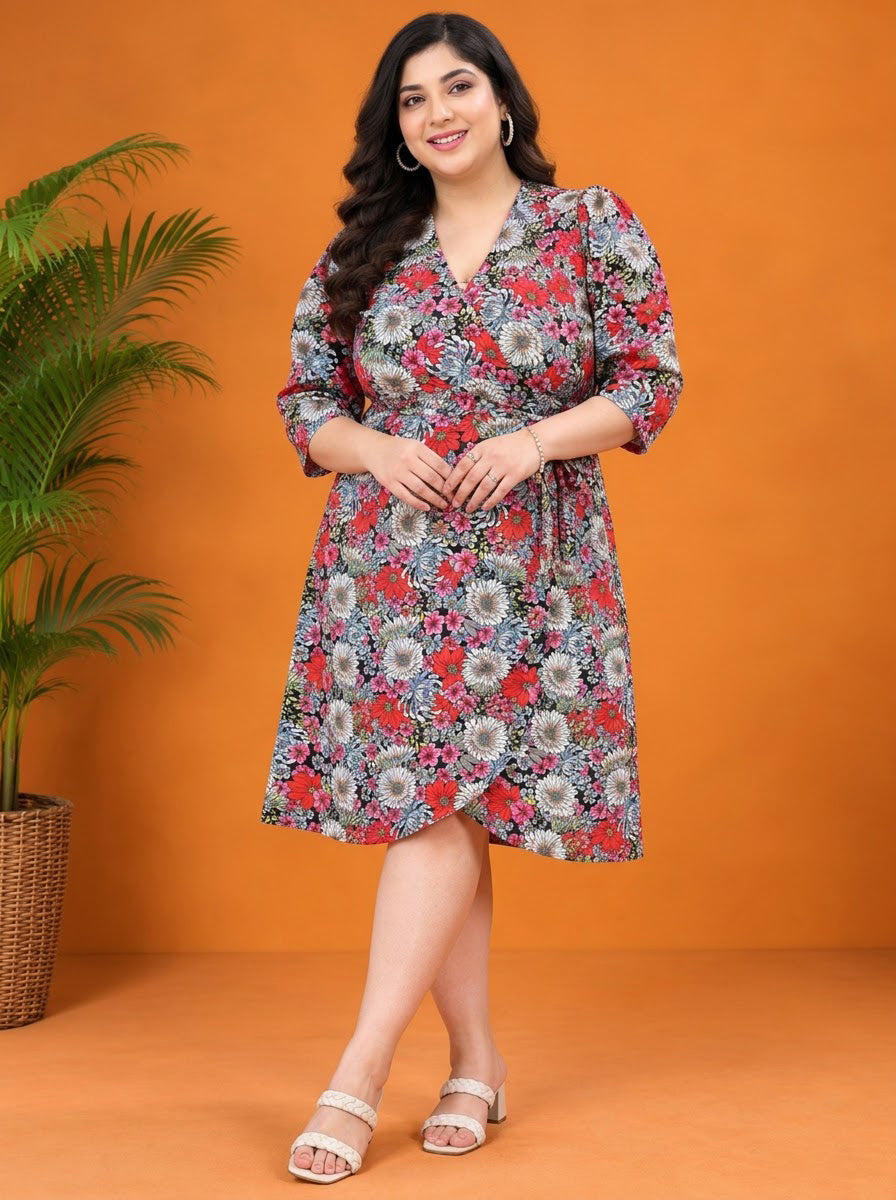 Plus Size Multicolor Floral Printed Dress