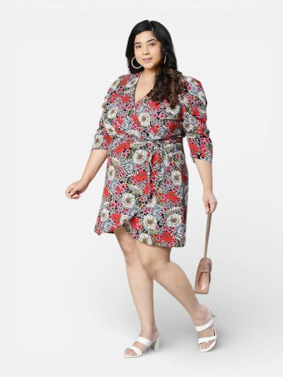 Plus Size Multicolor Floral Printed Polyester Dress