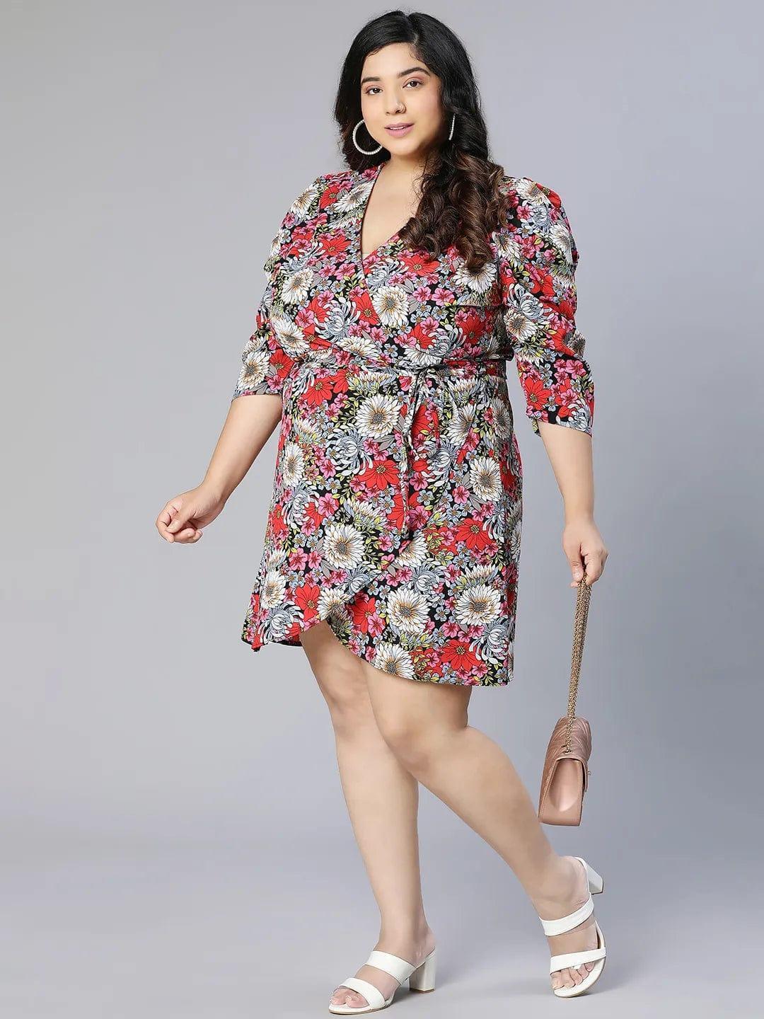 Diva Floral Print Overlapped Women Plus Size Curvy Dress - oxolloxo