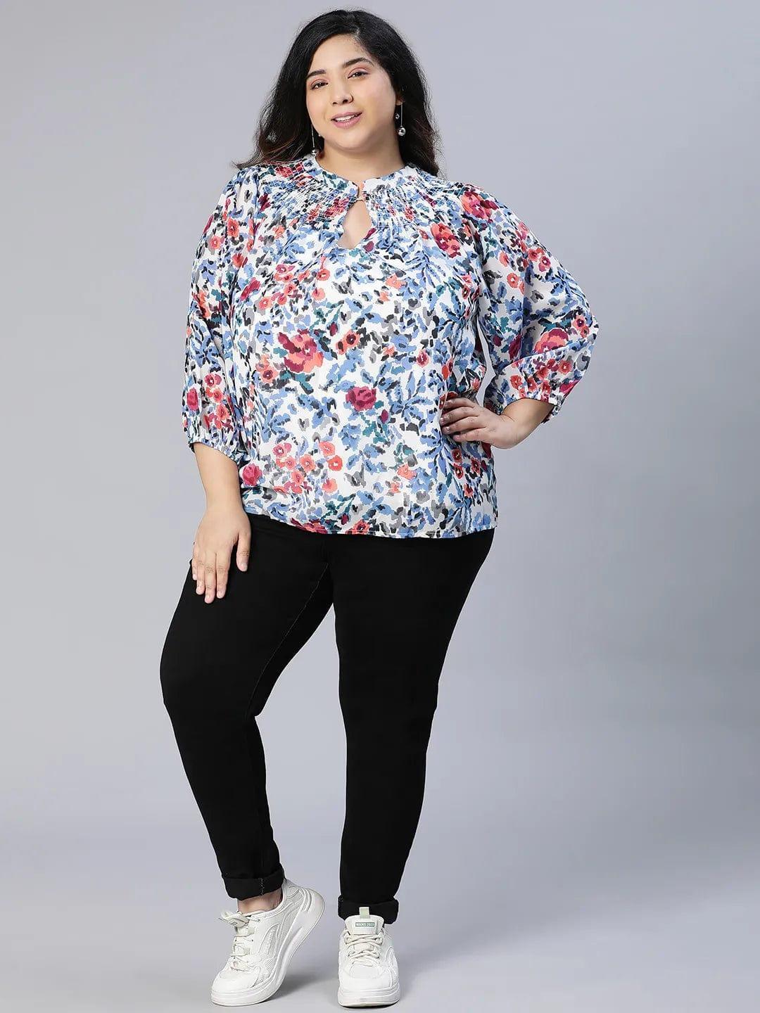 Rare Floral Print Women Plus Size Top - oxolloxo