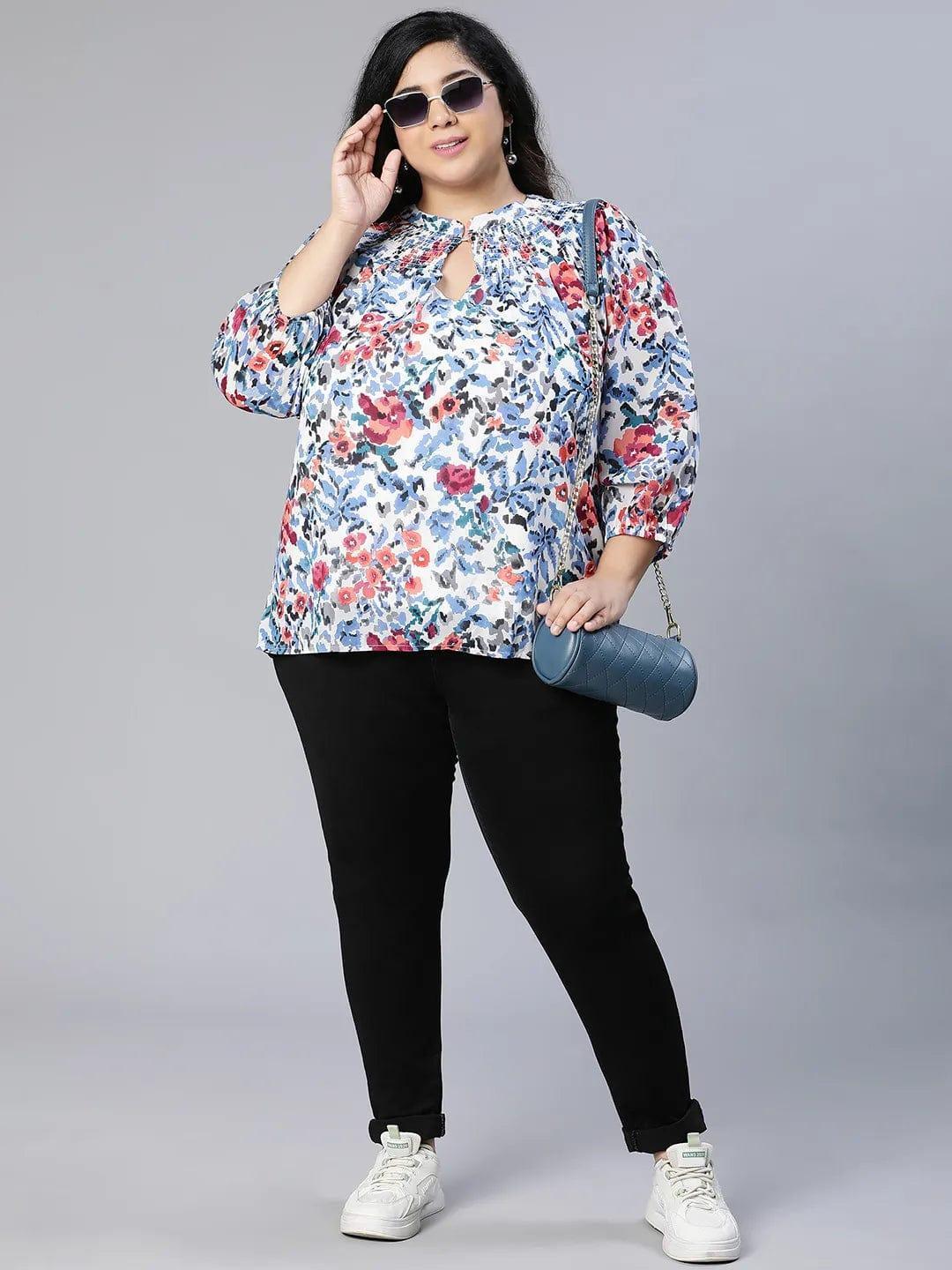 Rare Floral Print Women Plus Size Top - oxolloxo