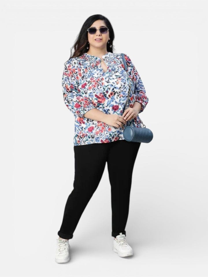 Plus Size Multicolor Floral Printed Polyester Top