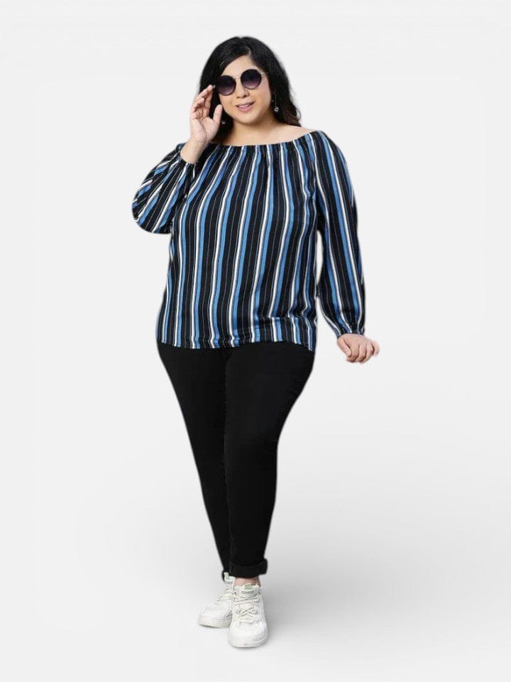Plus Size Multicolor Stripe Polyester Top