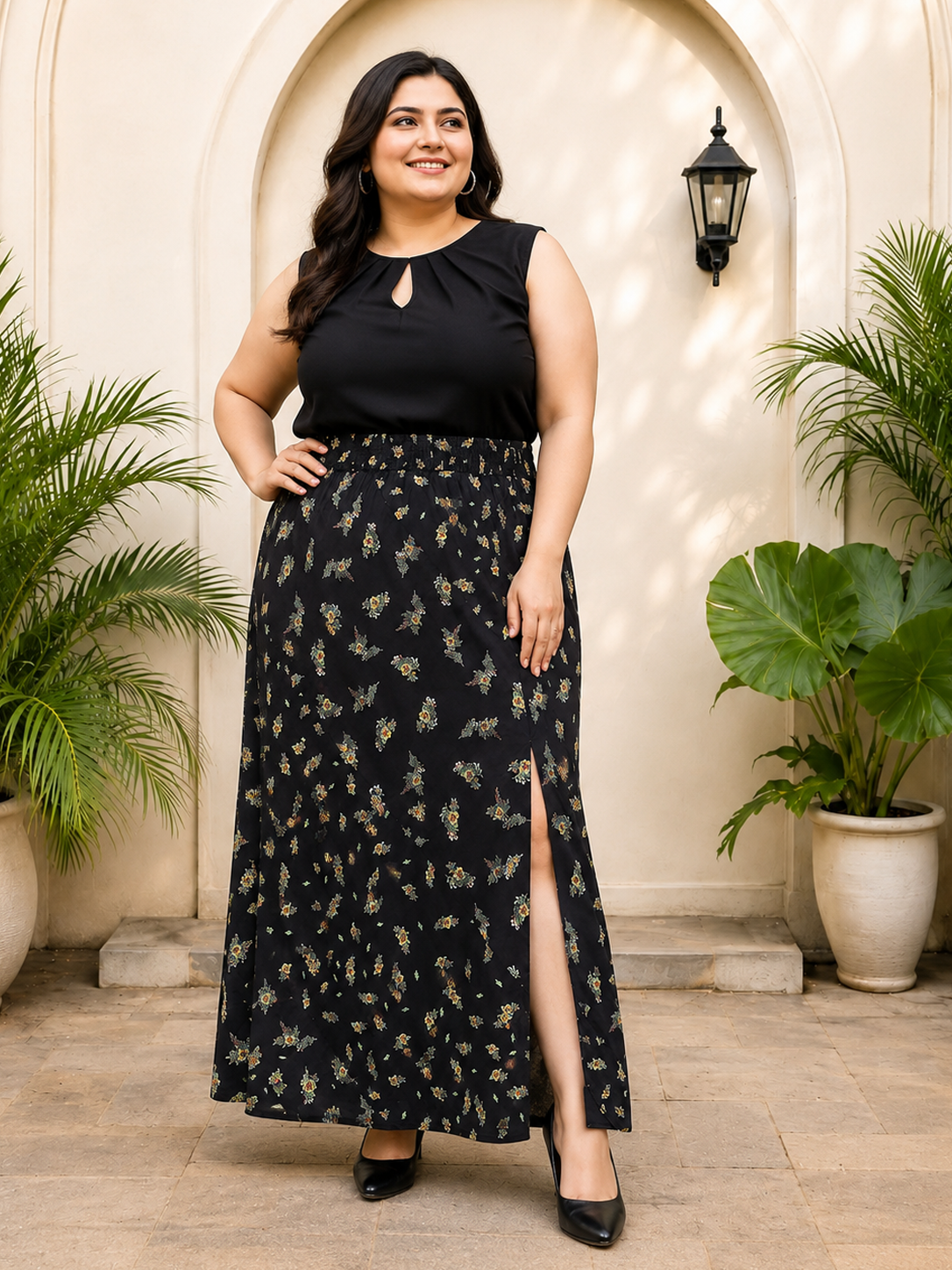 Plus Size Black Floral Print Skirt