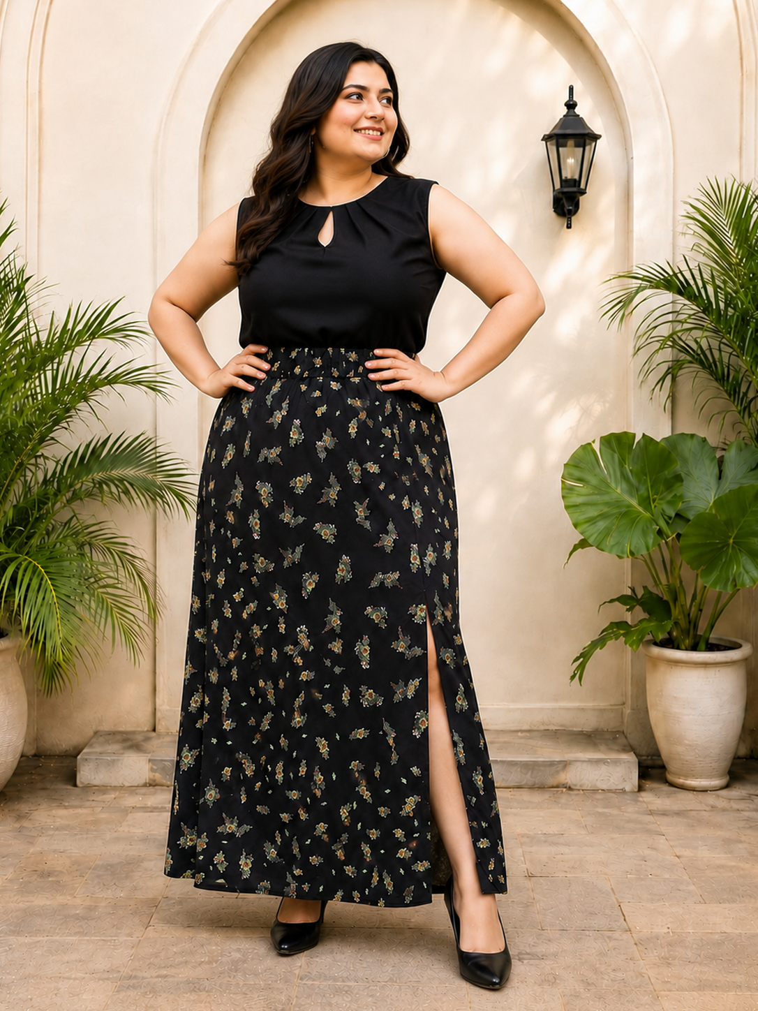 Plus Size Black Floral Print Skirt