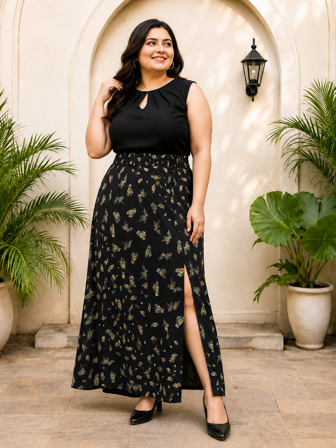 Plus Size Black Floral Print Skirt
