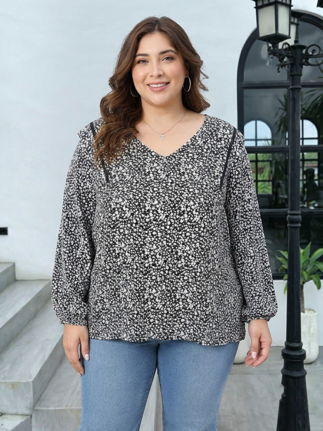 Plus Size Black Floral Print Viscose Top