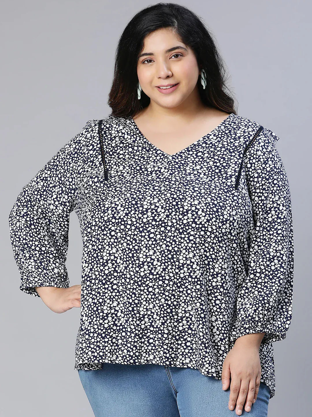 Plus Size Black Floral Print Viscose Top