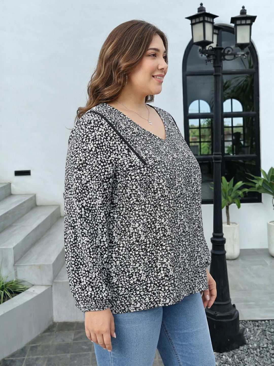 Plus Size Black Floral Print Viscose Top
