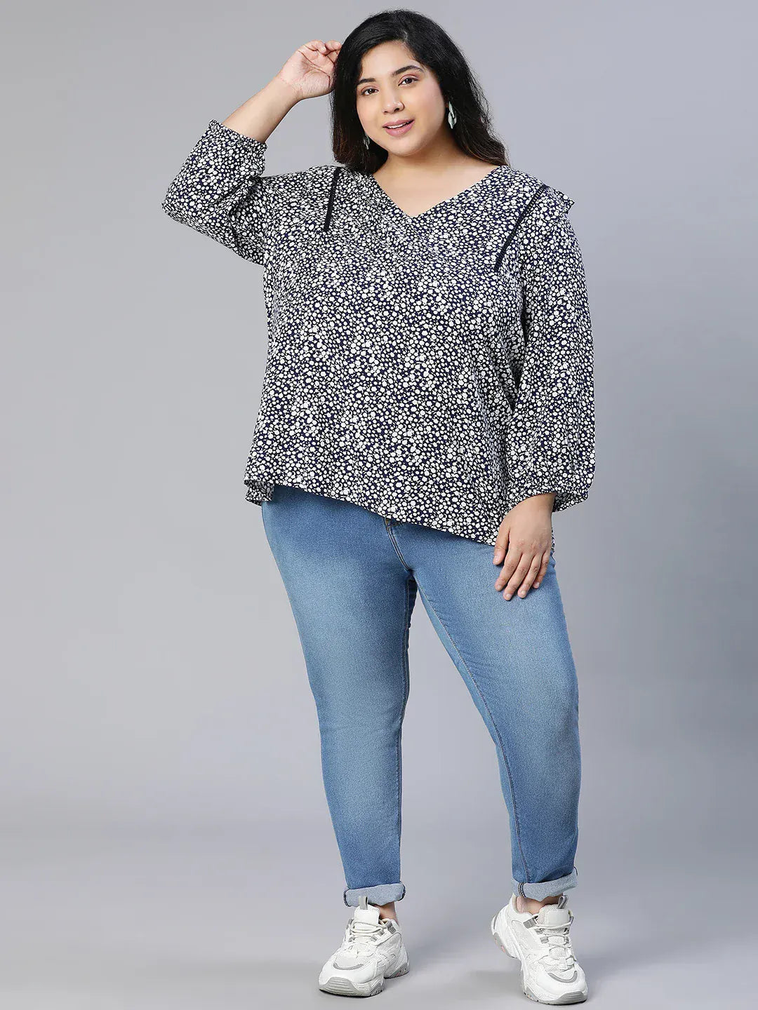 Plus Size Black Floral Print Viscose Top