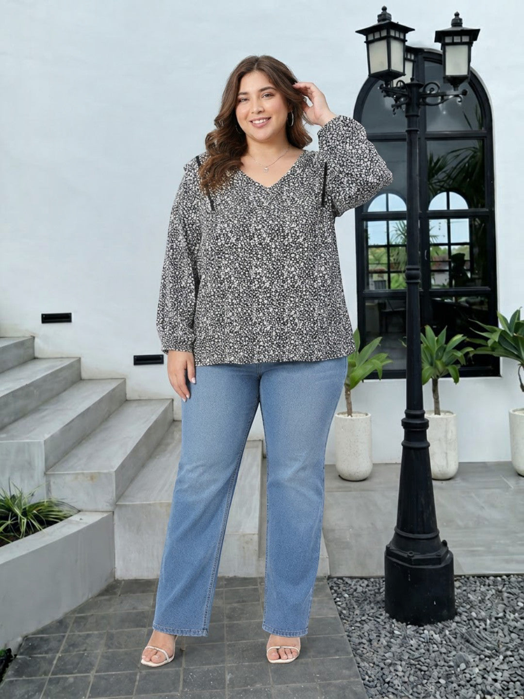 Plus Size Black Floral Print Viscose Top