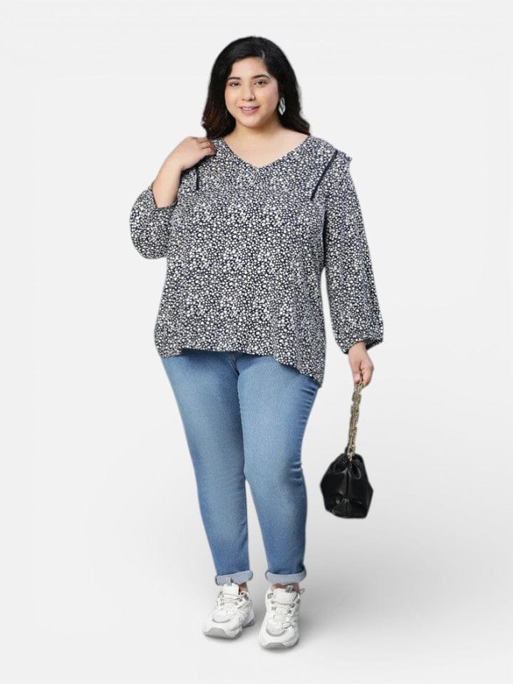 Plus Size Black Floral Print Viscose Top
