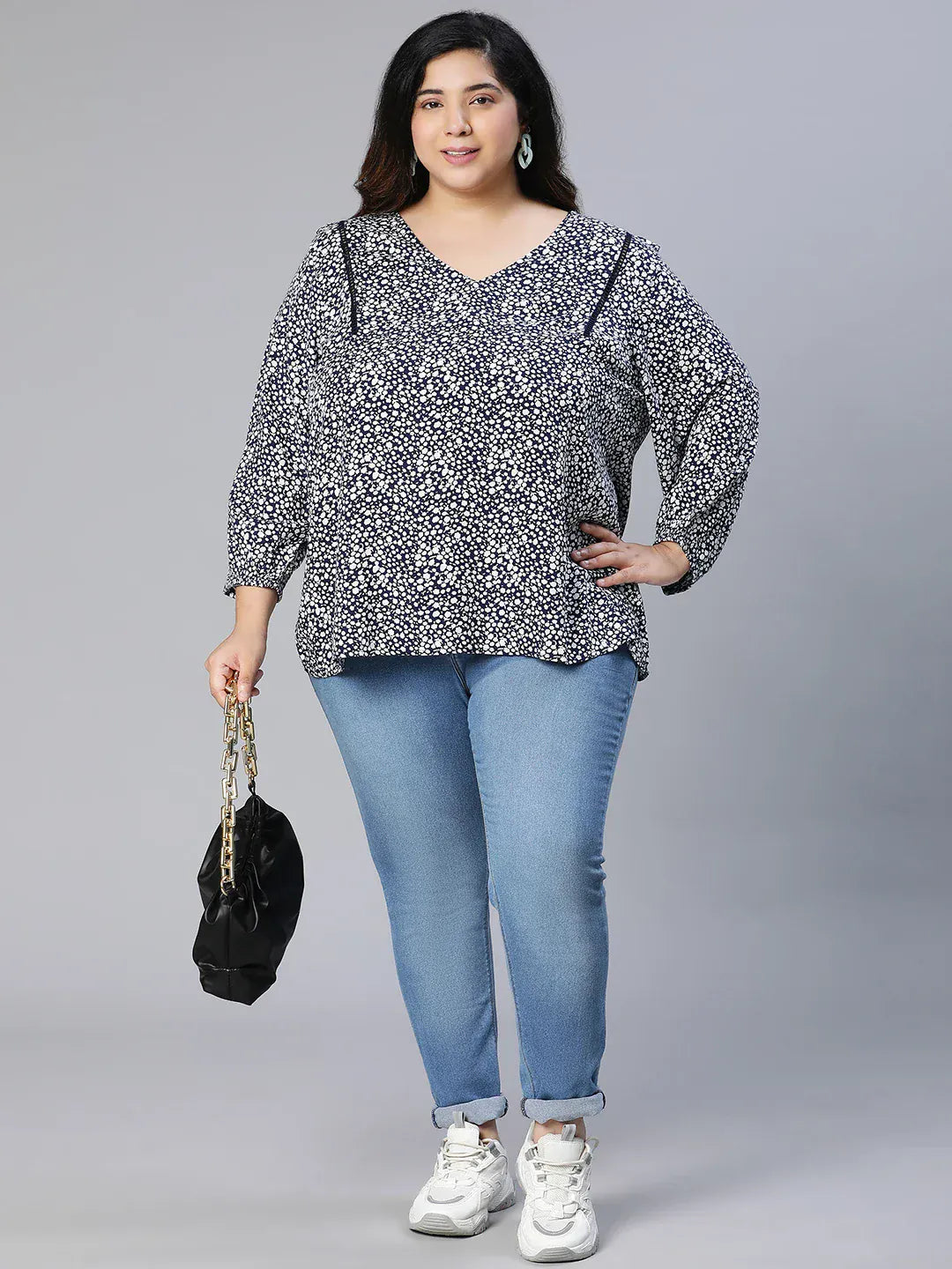 Plus Size Black Floral Print Viscose Top
