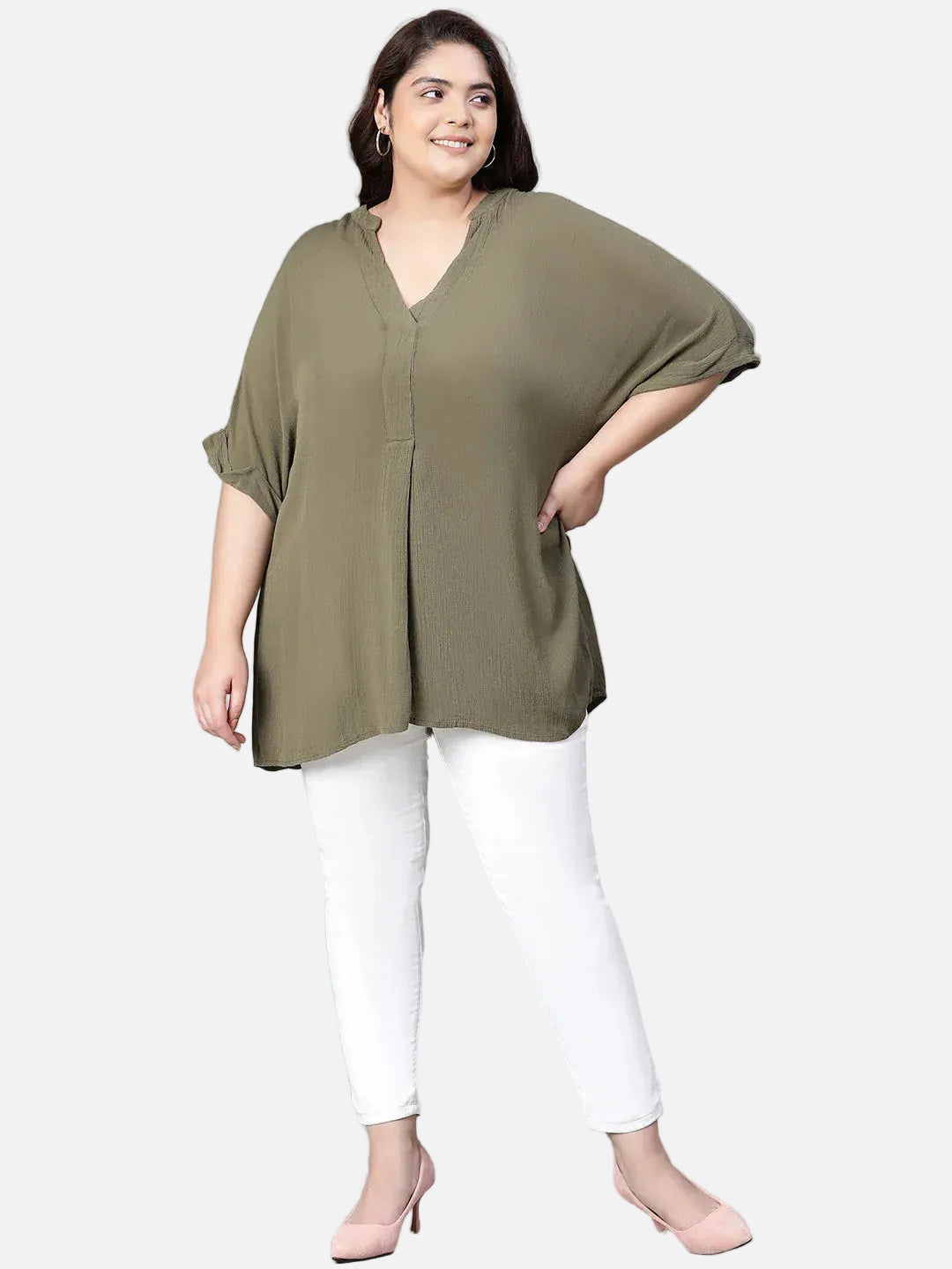 plush-green-v-neck-plus-size-women-top