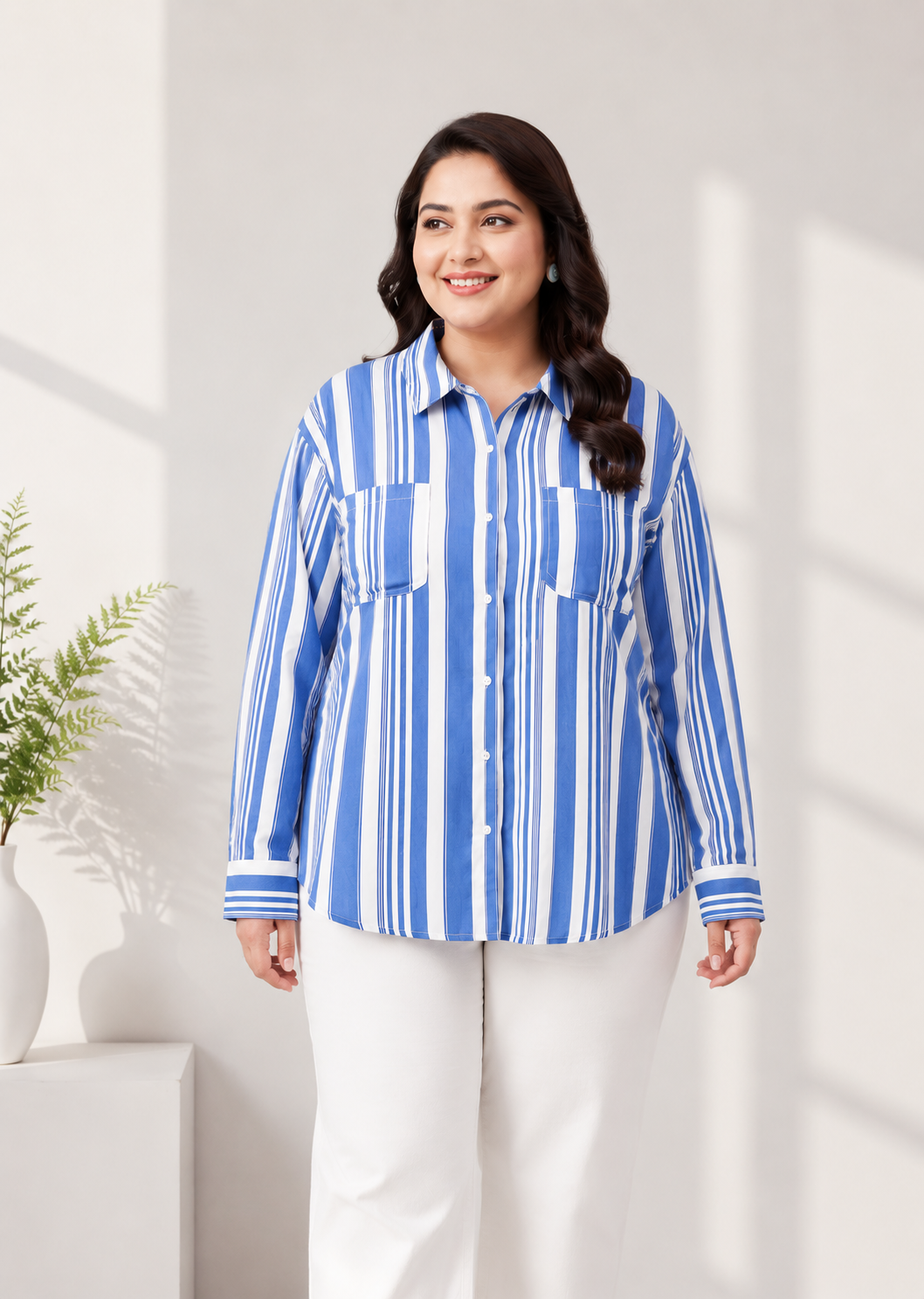 Plus Size Blue Stripe Print Shirt