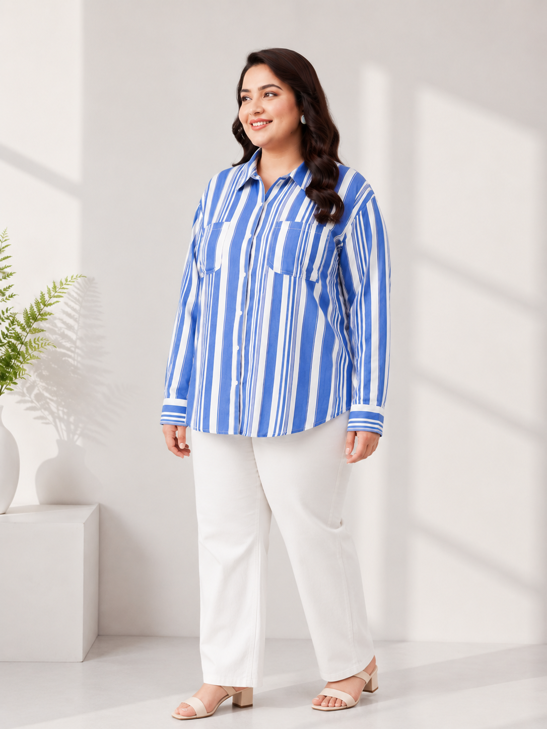plus size blue stripe print womens shirt