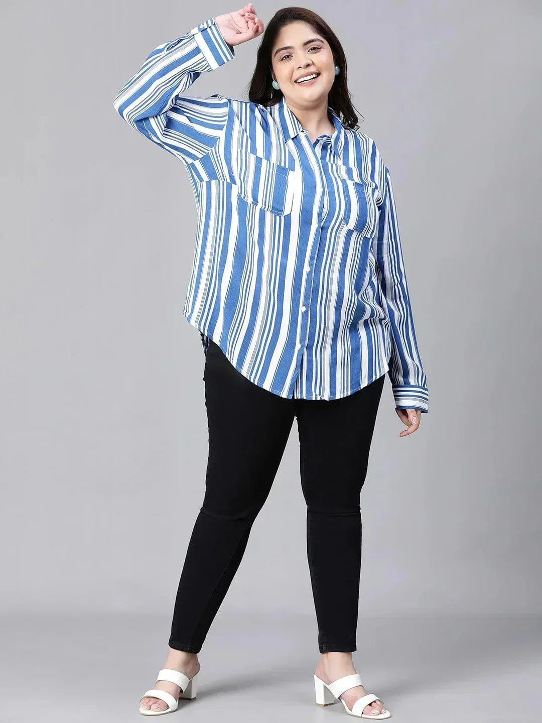 Ornate Blue Stripe Print Plus Size Women Shirt Today - oxolloxo