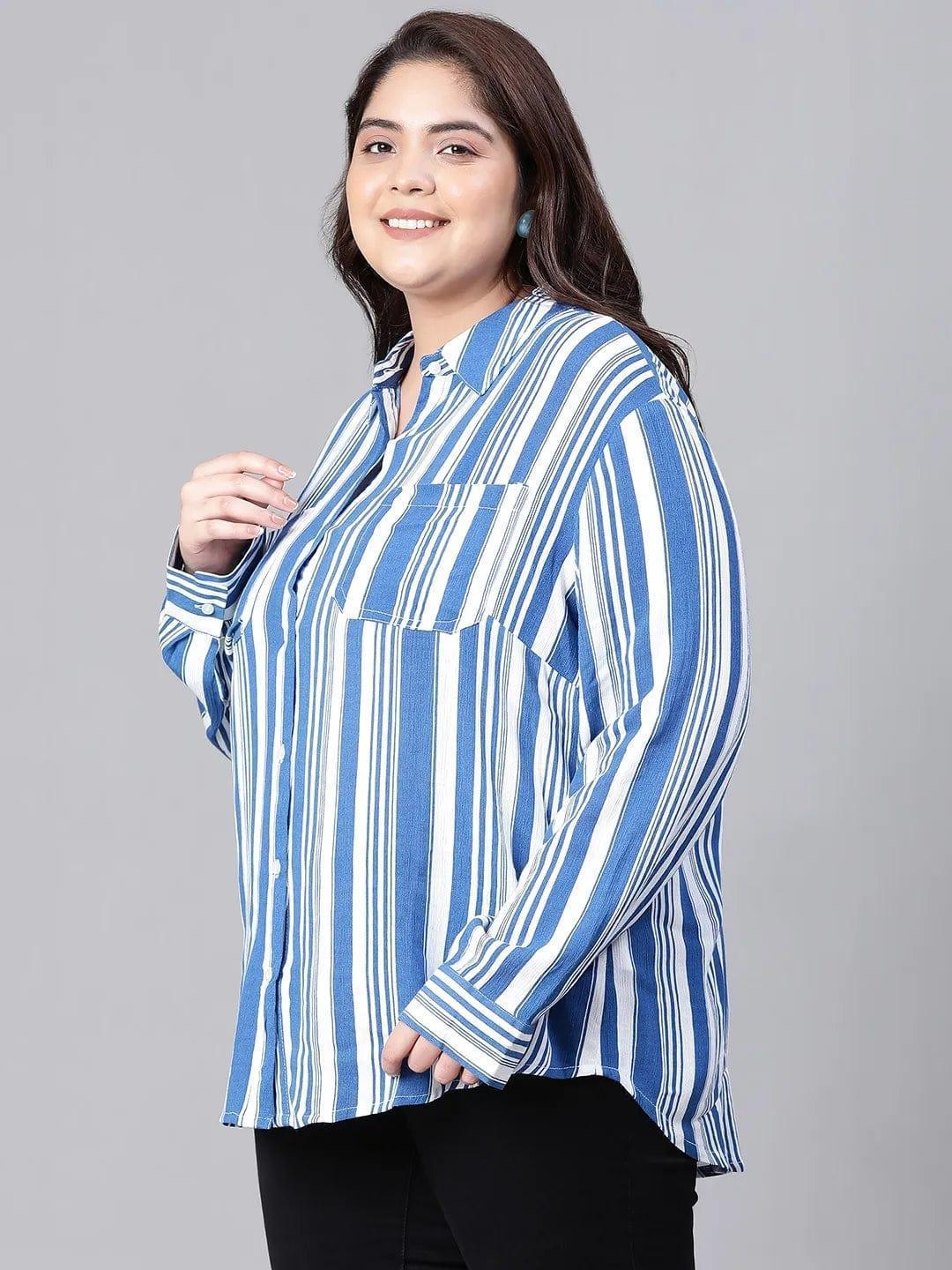 Ornate Blue Stripe Print Plus Size Women Shirt Today - oxolloxo