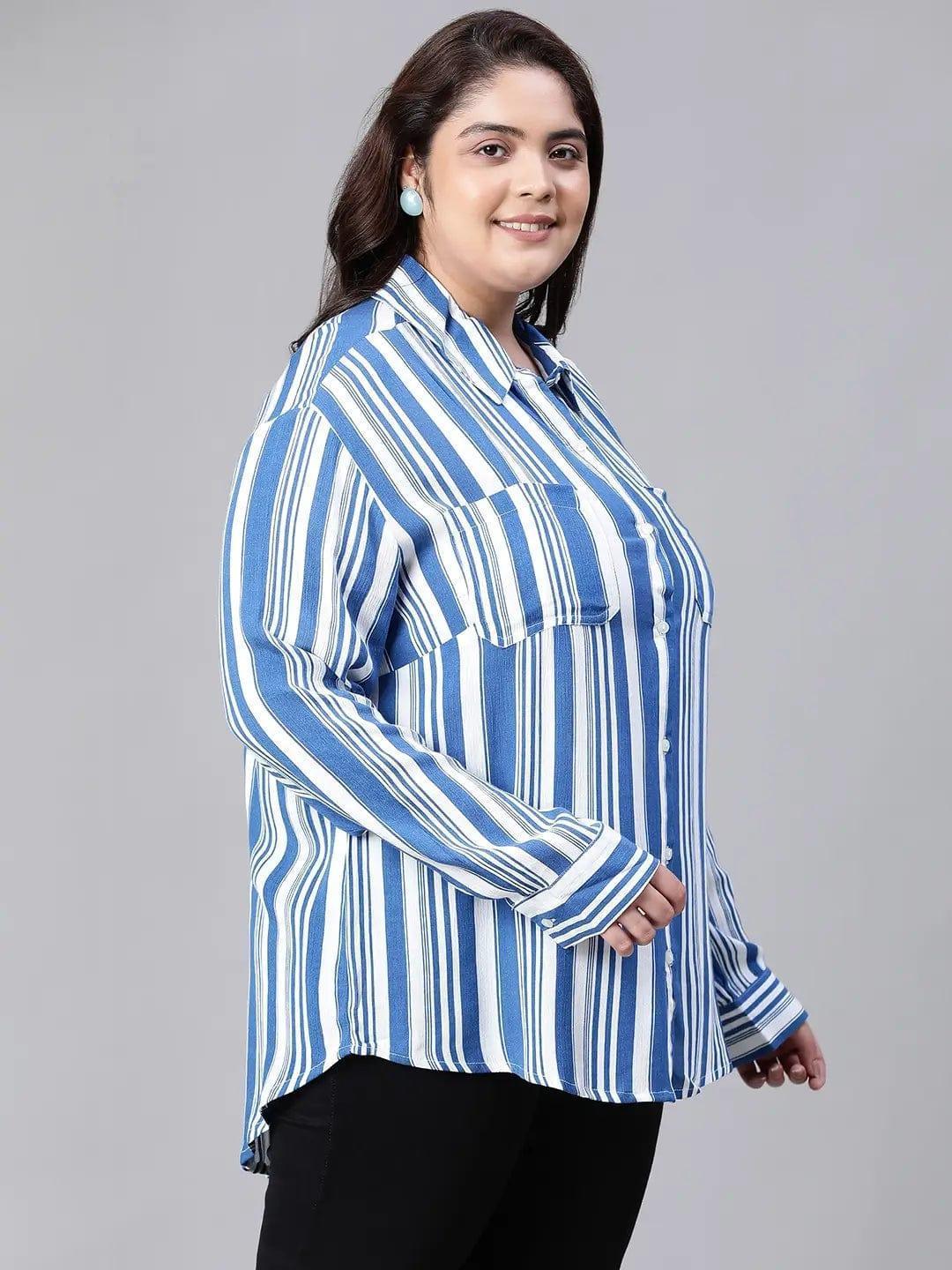 Ornate Blue Stripe Print Plus Size Women Shirt Today - oxolloxo