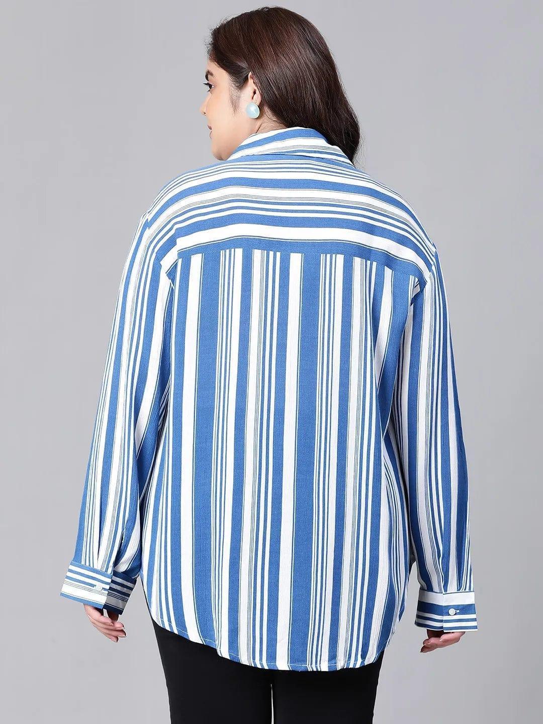 Ornate Blue Stripe Print Plus Size Women Shirt Today - oxolloxo