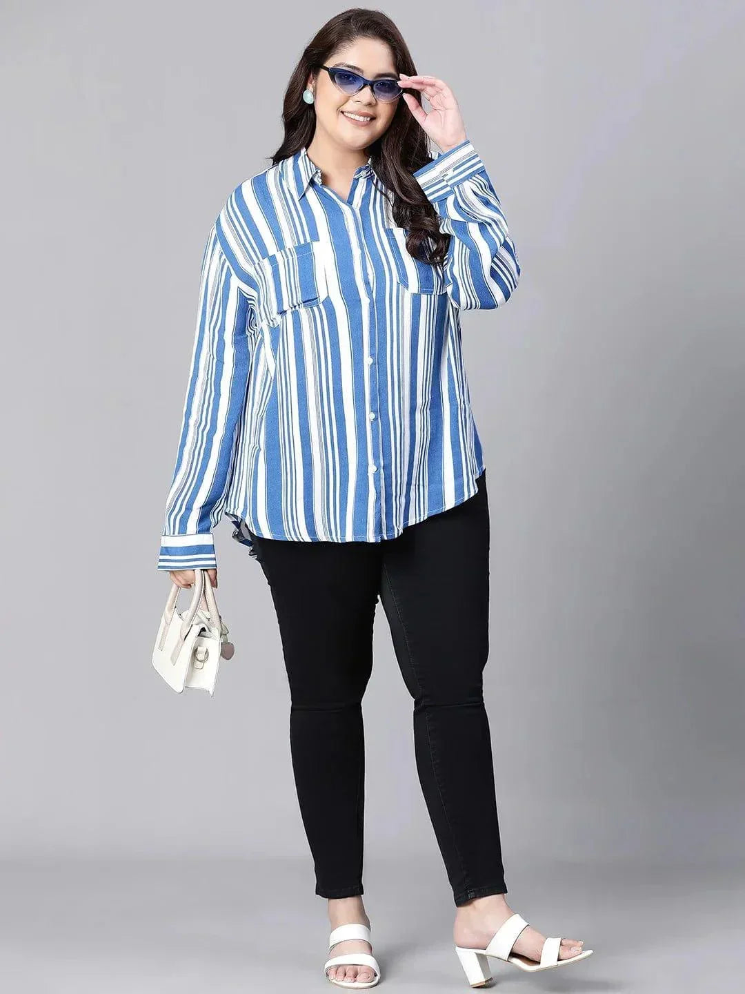 Ornate Blue Stripe Print Plus Size Women Shirt Today - oxolloxo