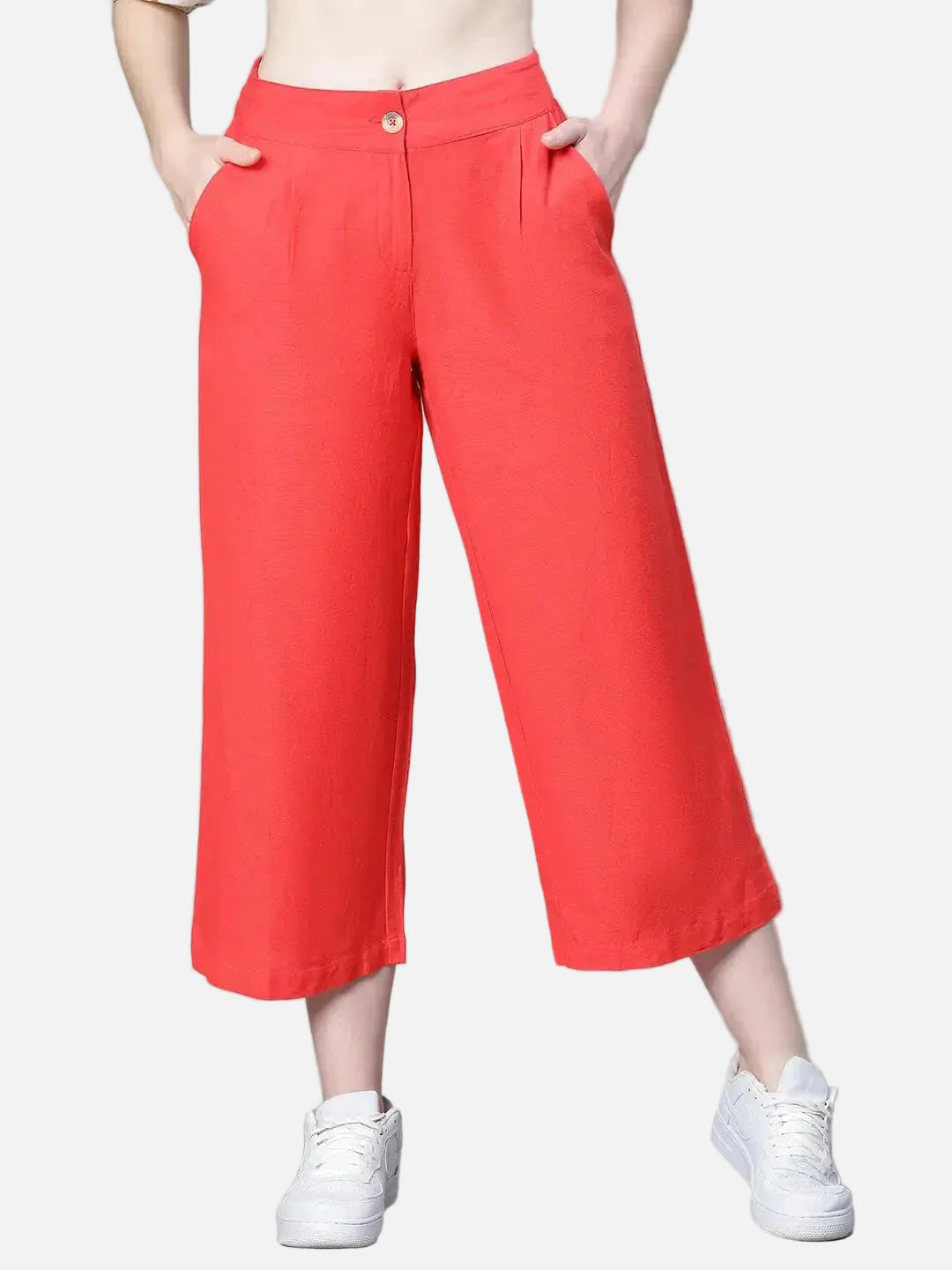 Women Solid Red Elasticated Button Pant - oxolloxo