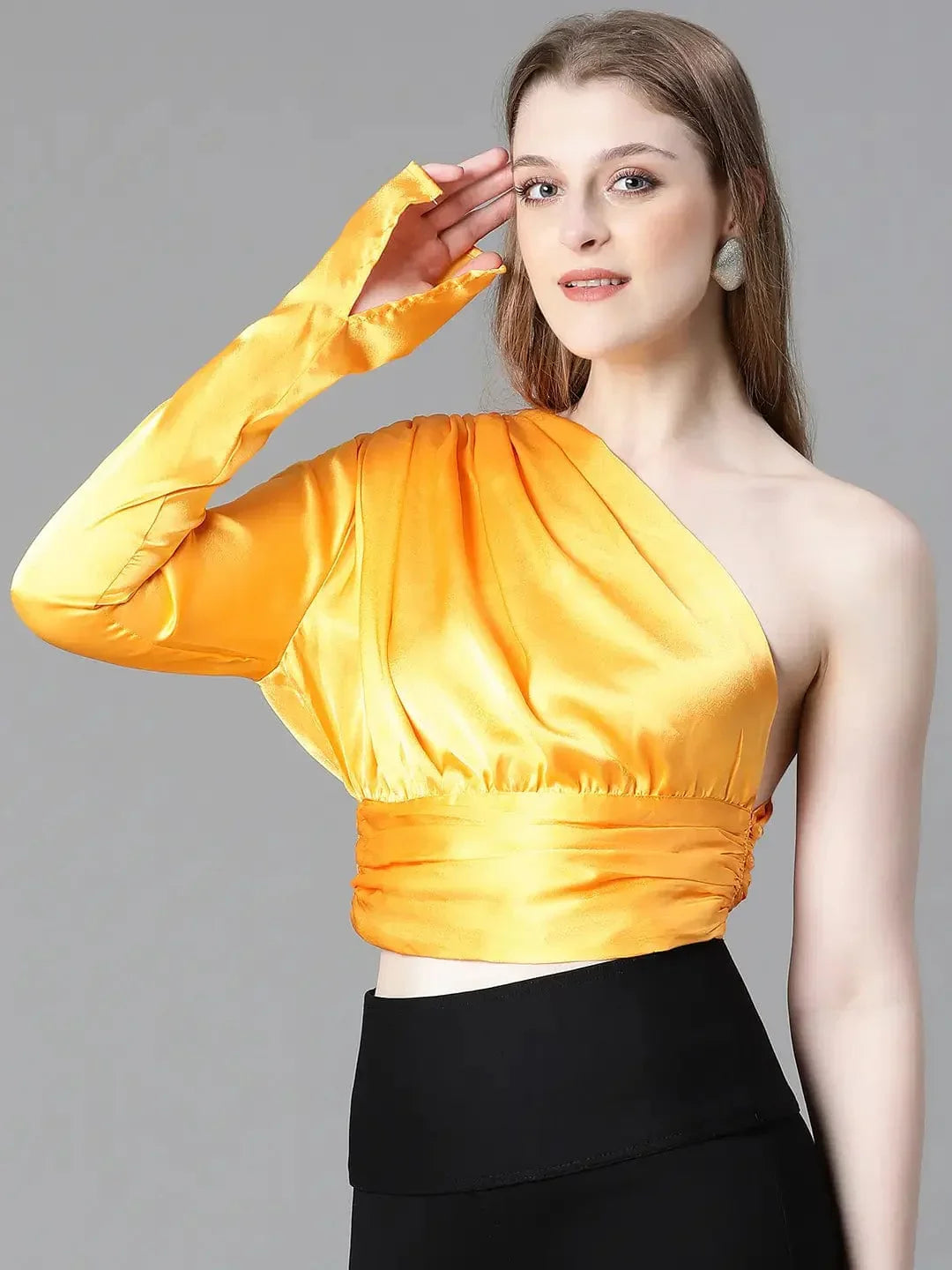 Women Soild Yellow Ealsticated One Off-Shoulder Satin Top - oxolloxo