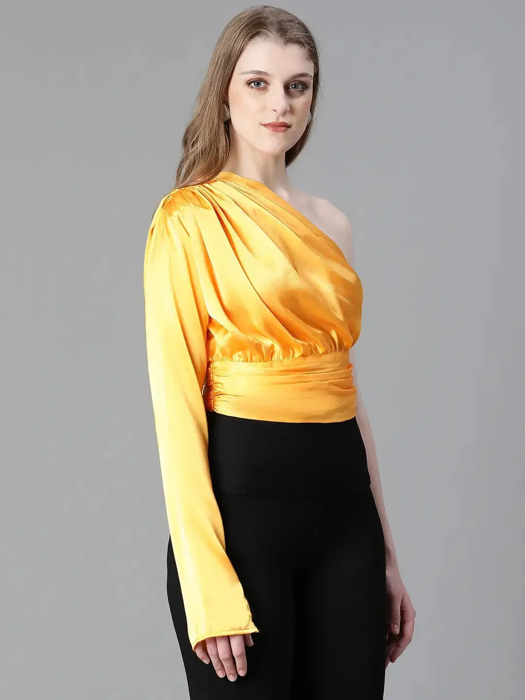 Women Soild Yellow Ealsticated One Off-Shoulder Satin Top - oxolloxo