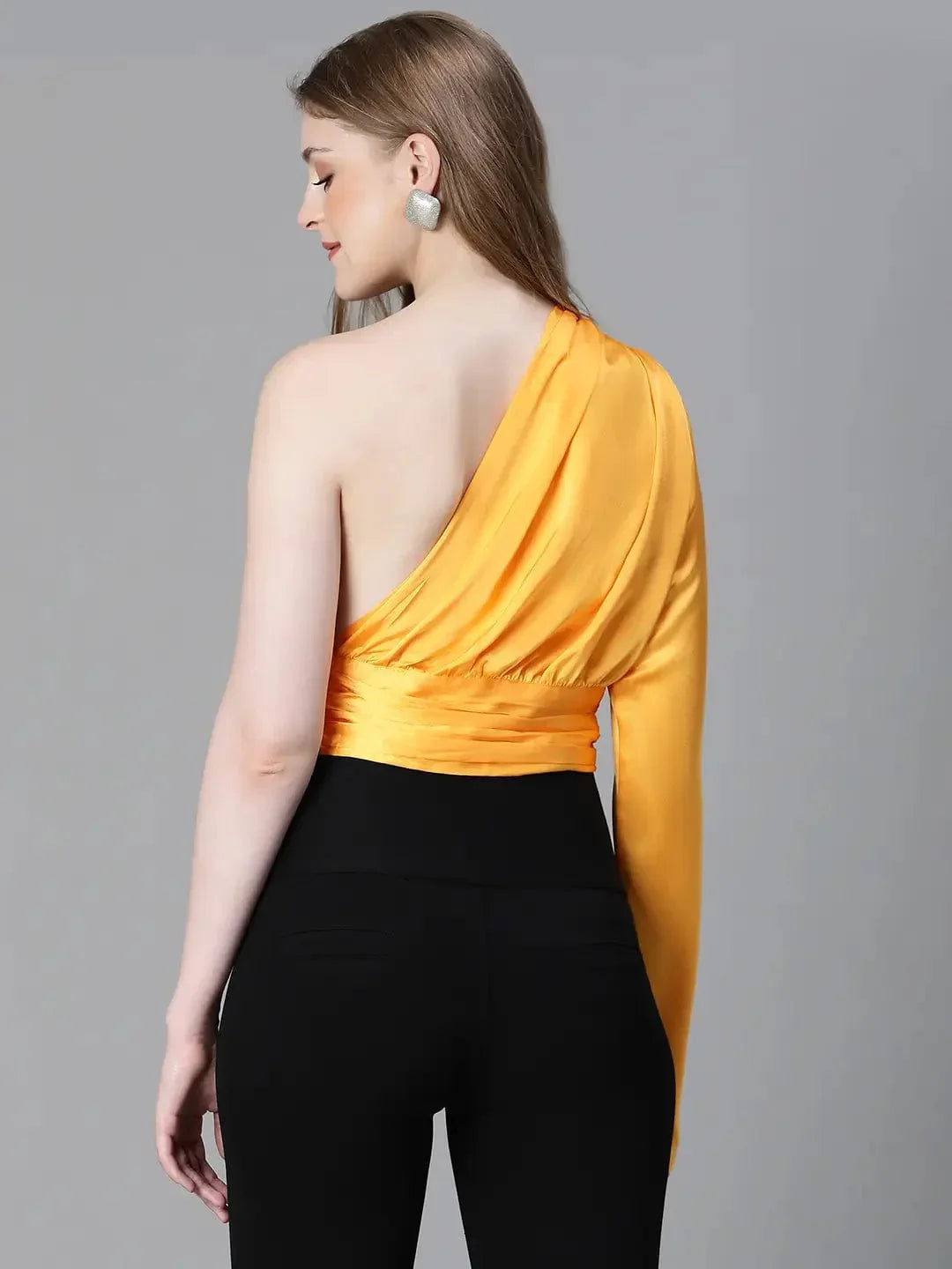 Women Soild Yellow Ealsticated One Off-Shoulder Satin Top - oxolloxo