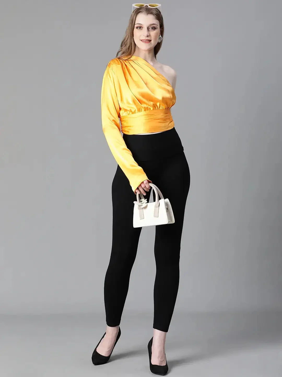 Women Soild Yellow Ealsticated One Off-Shoulder Satin Top - oxolloxo