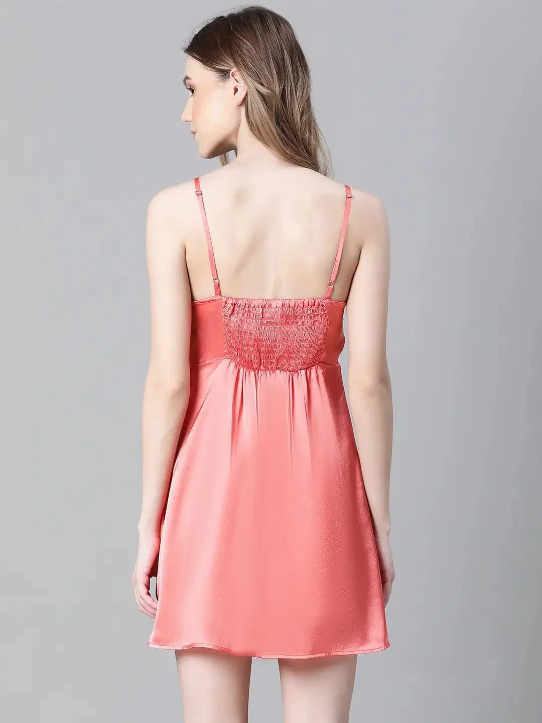 Women Red V-Neck Shoulder Strap Sleeveless Nightwear Satin Dress - oxolloxo