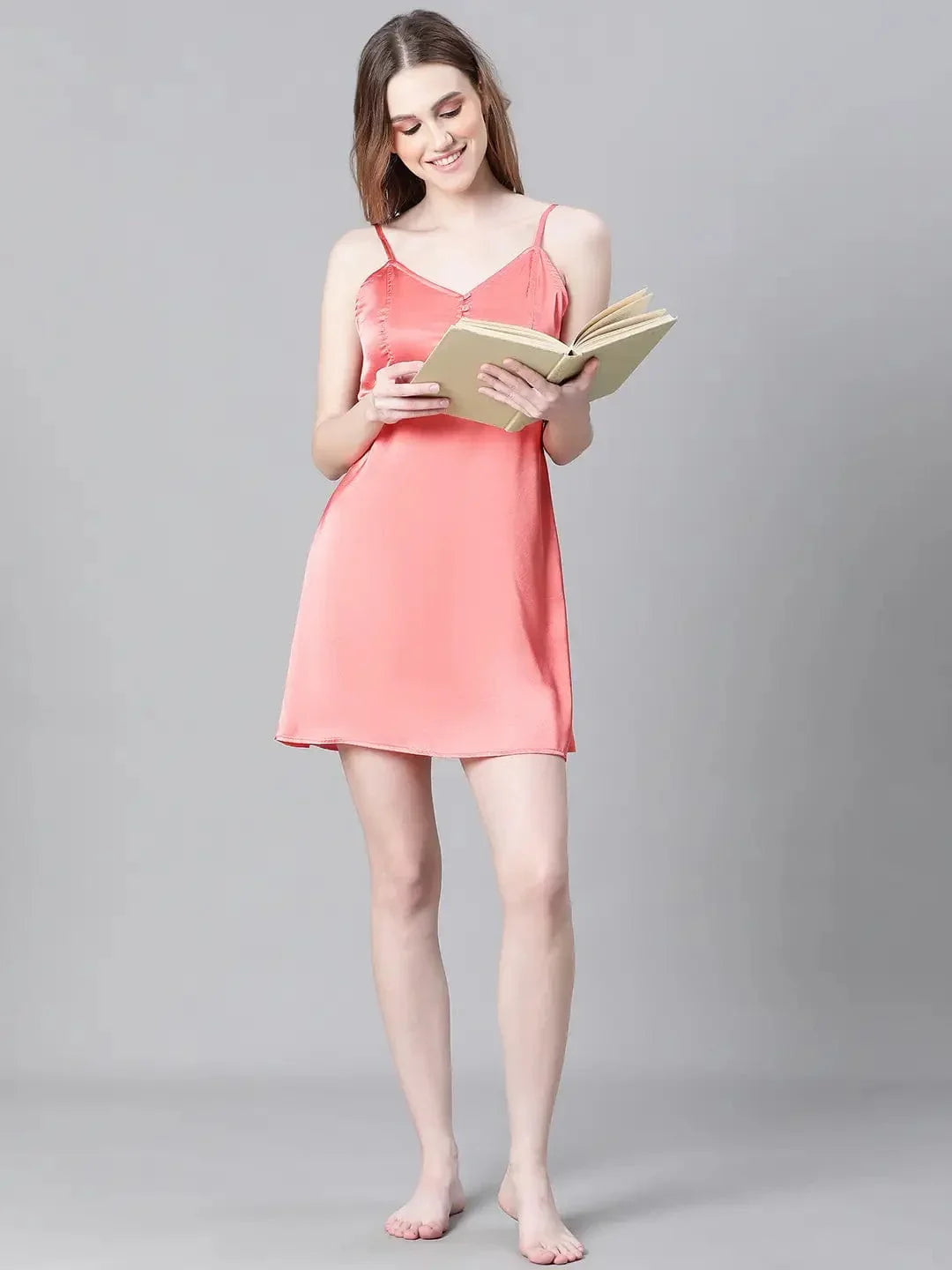 Women Red V-Neck Shoulder Strap Sleeveless Nightwear Satin Dress - oxolloxo