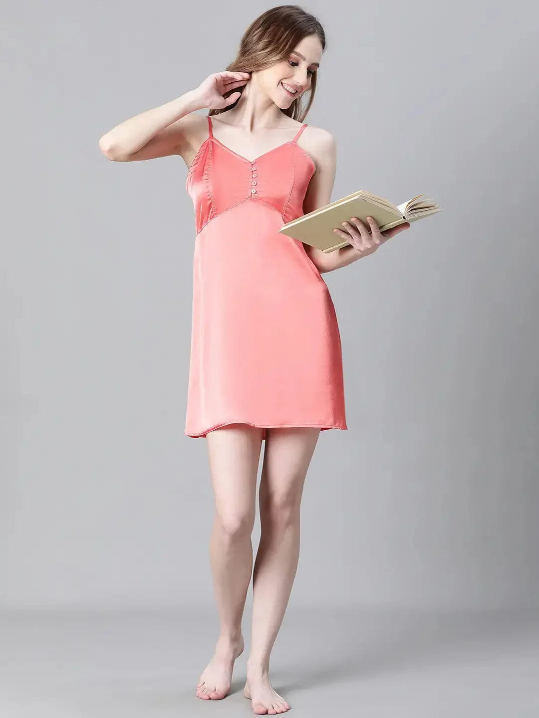 Women Red V-Neck Shoulder Strap Sleeveless Nightwear Satin Dress - oxolloxo