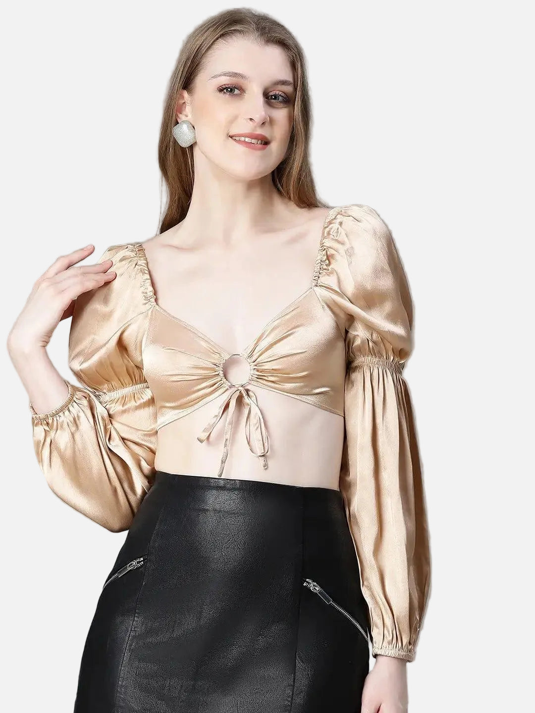 Women Soild White V-Neck Ring With Tie-Up Detailed Satin Crop Top - oxolloxo