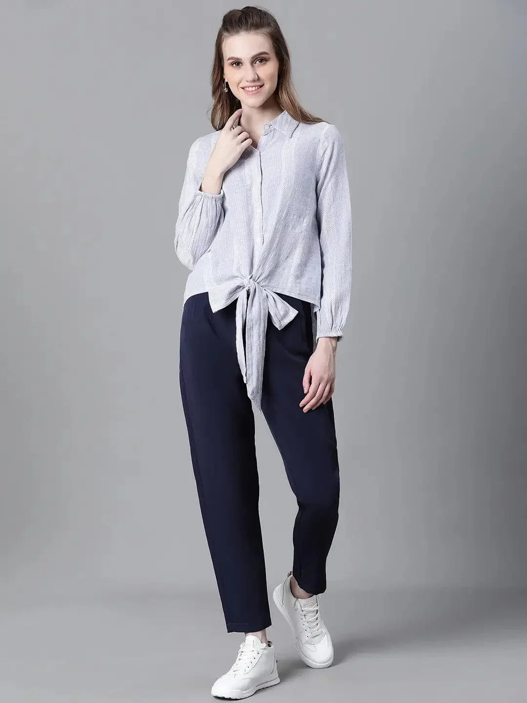 Women Blue Floral Print Tie-Up Collared Long Sleeve Cotton Shirt - oxolloxo