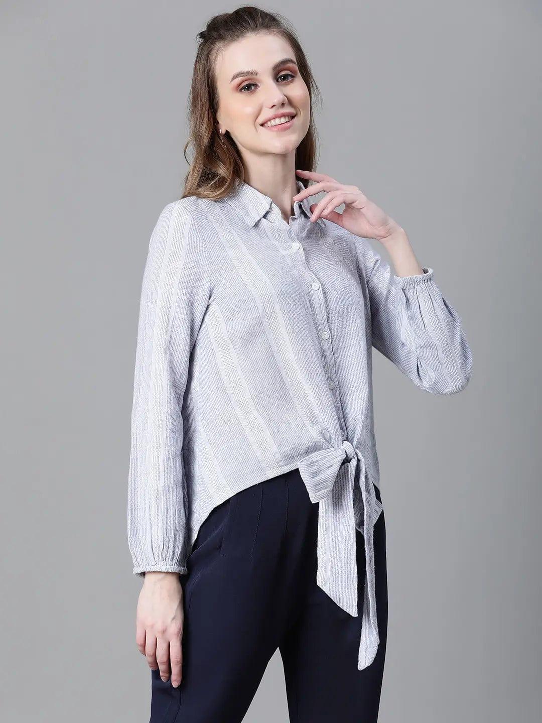 Women Blue Floral Print Tie-Up Collared Long Sleeve Cotton Shirt - oxolloxo