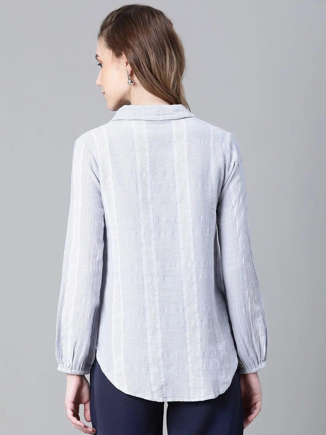 Women Blue Floral Print Tie-Up Collared Long Sleeve Cotton Shirt - oxolloxo