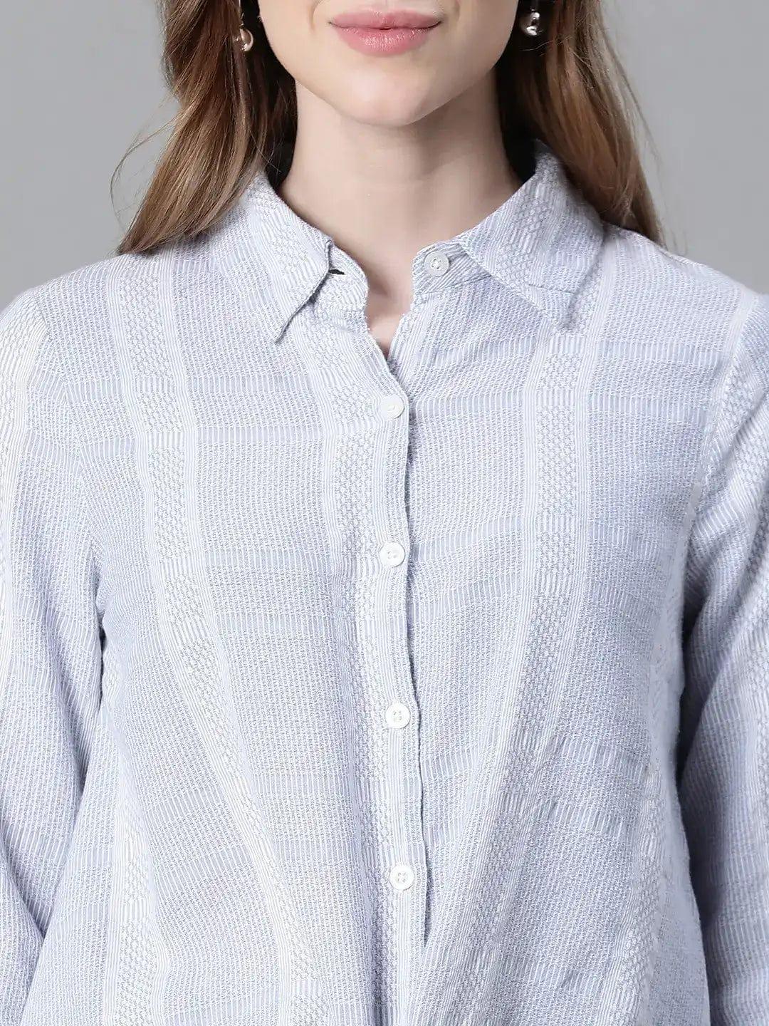 Women Blue Floral Print Tie-Up Collared Long Sleeve Cotton Shirt - oxolloxo