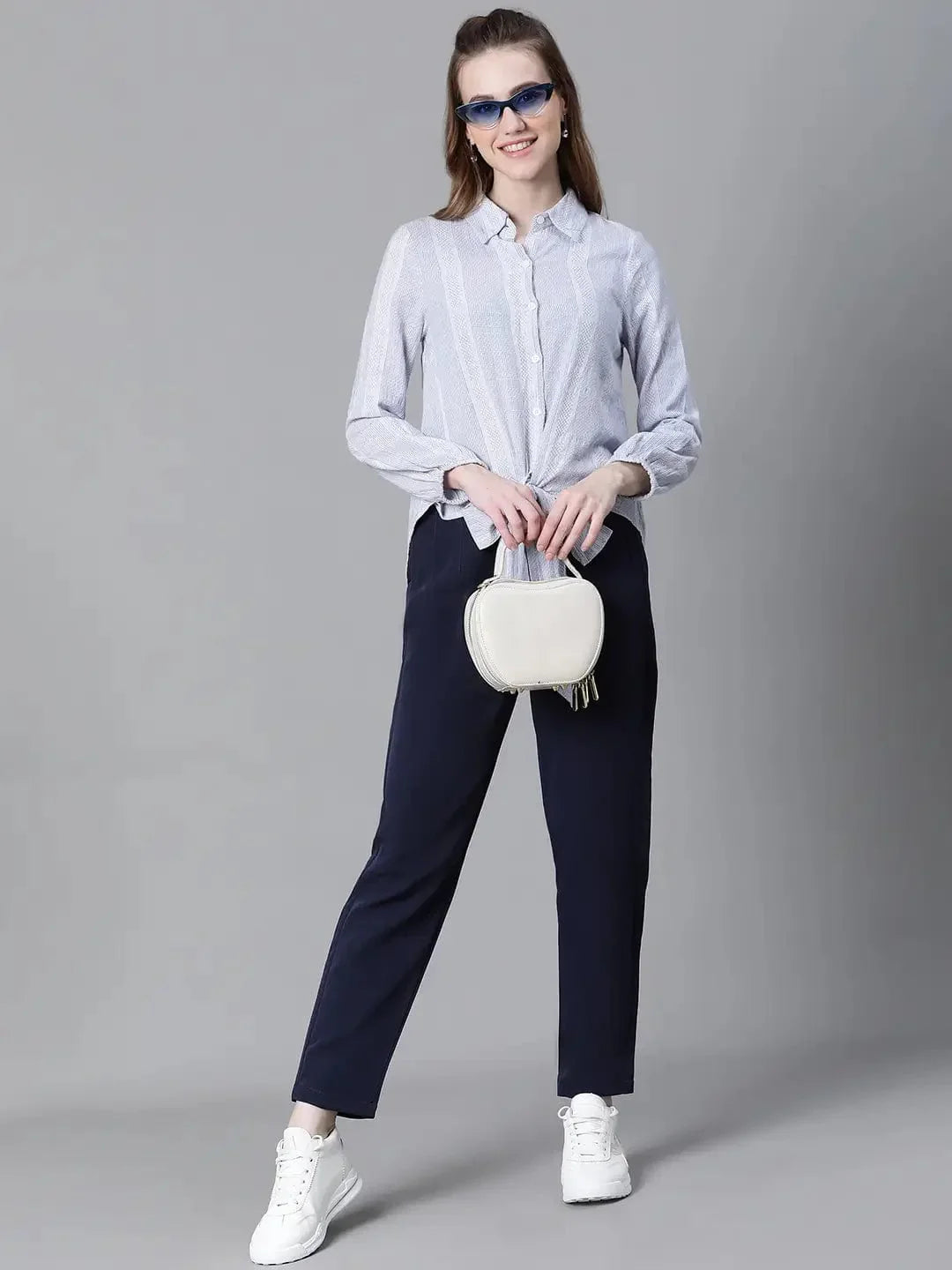 Women Blue Floral Print Tie-Up Collared Long Sleeve Cotton Shirt - oxolloxo